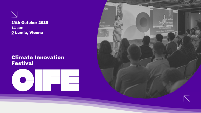 Logo von Climate Innovation Festival mit Datum und Ort. Rechts ein Bild mit sitzendem Publikum.