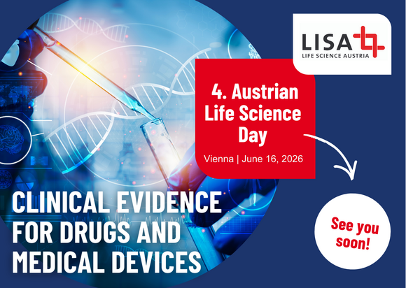 Austrian Life Science Day Flyer Flyer 4. Austrian Life Science Day: DNA Strang und Probenröhrchen im Hintergrund