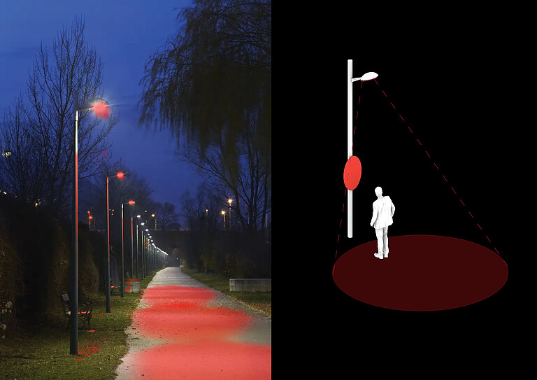 Parkansicht mit Rotlicht-Lampen