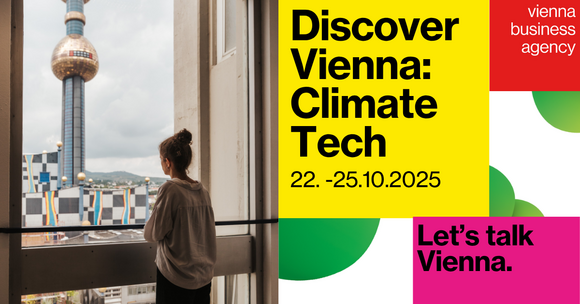 Bild für Discover Vienna Climate Tech. Frau sieht aus dem Fenster auf Spitelau.