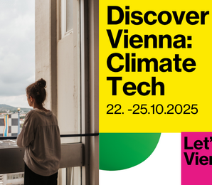 Bild für Discover Vienna Climate Tech. Frau sieht aus dem Fenster auf Spitelau.